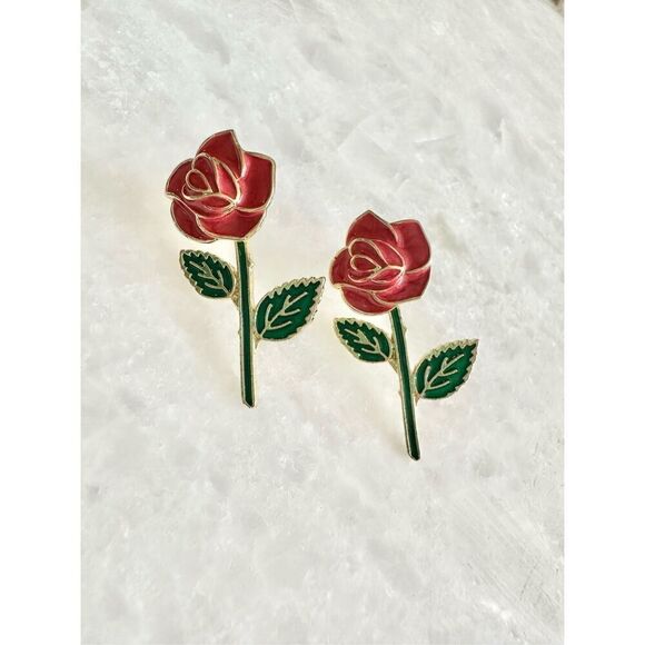 Red rose enamel dangle earrings - Picture 1 of 2